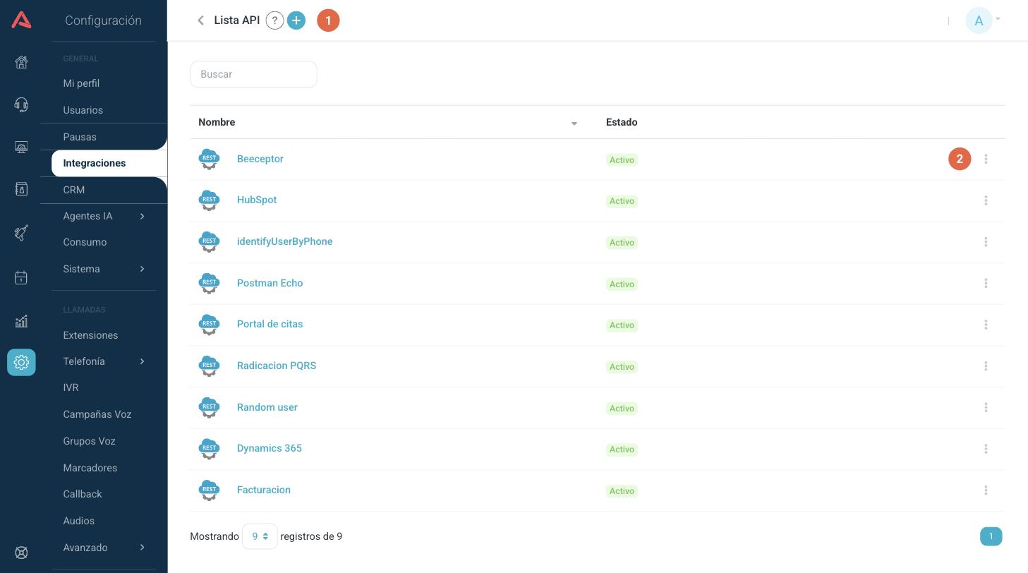Lista de integraciones API