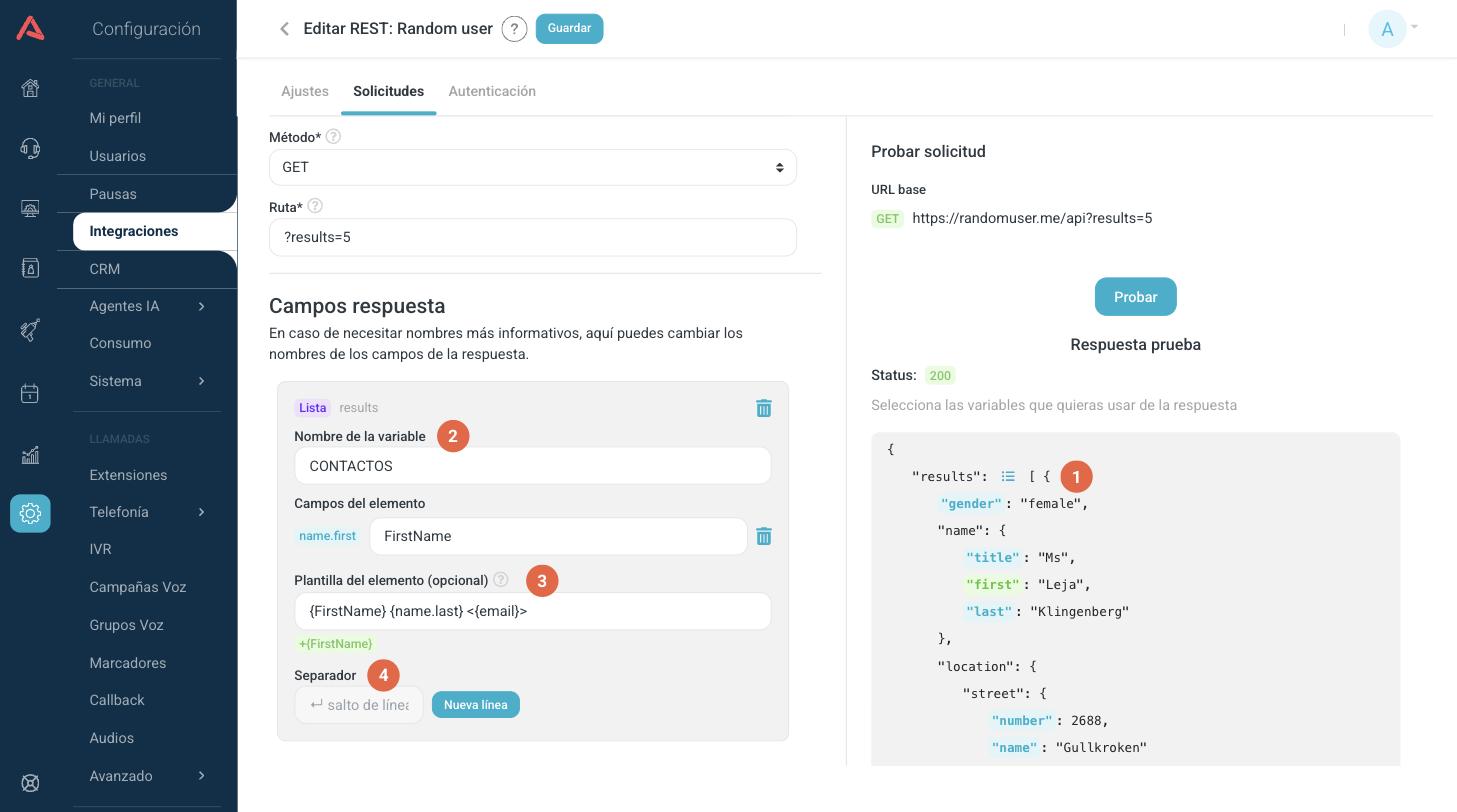 Configuración de una respuesta tipo lista