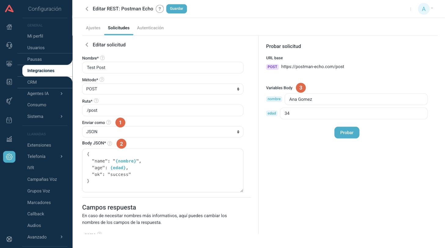 Solicitud POST con body JSON y variables