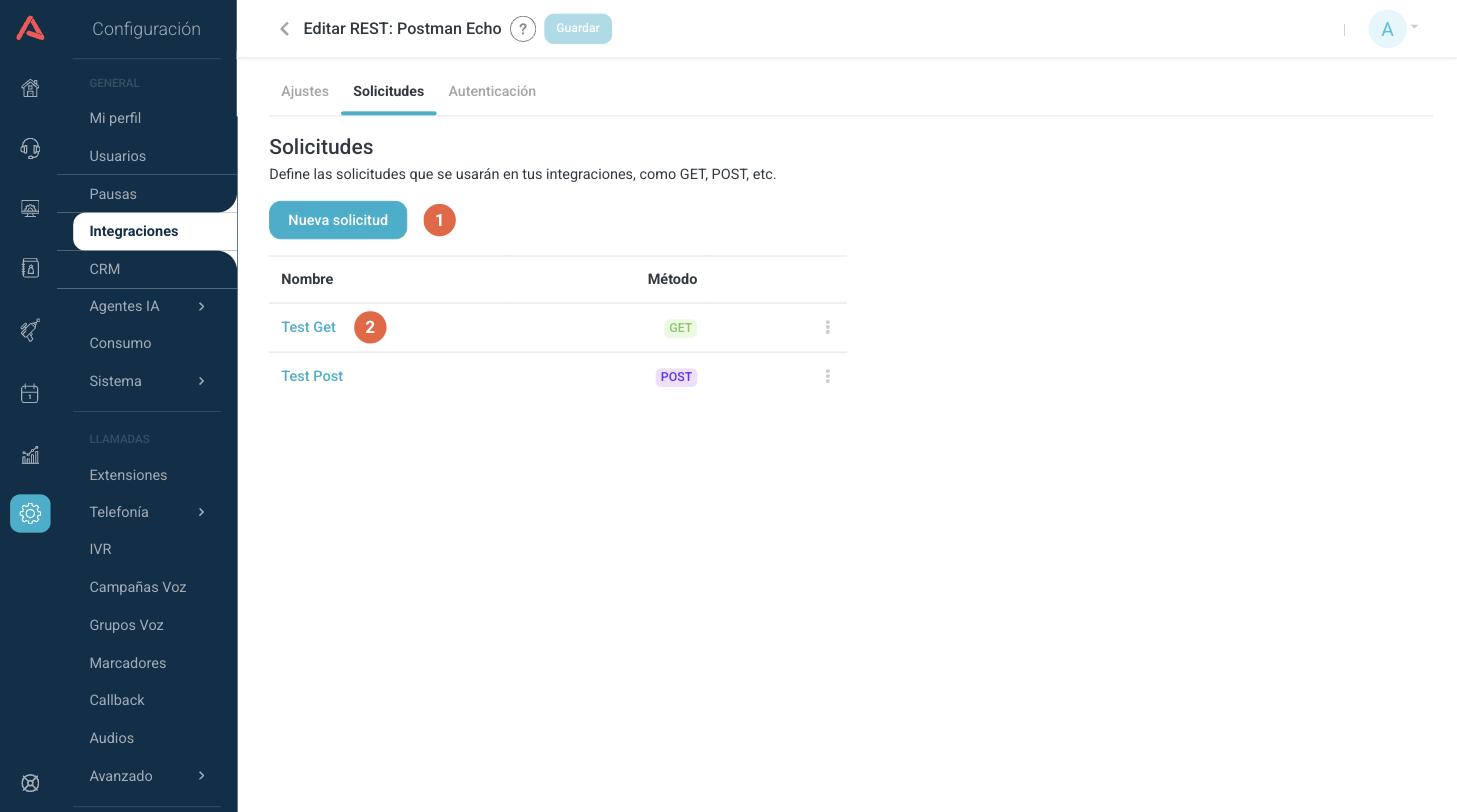 Lista de solicitudes de una integración REST