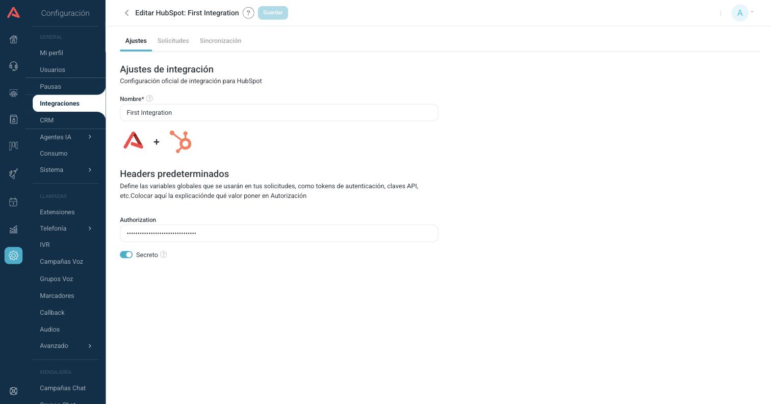 Pestaña de ajustes de una integración de HubSpot