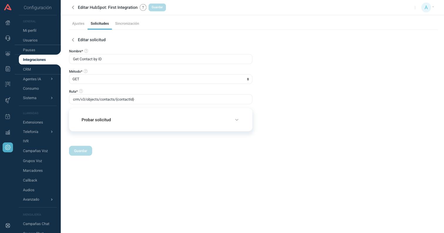 Formulario de una solicitud de HubSpot