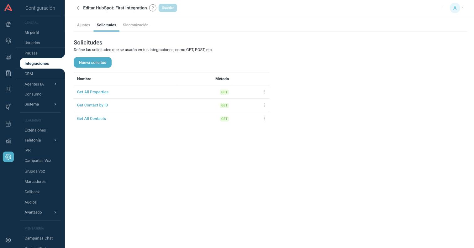 Pestaña de solicitudes de una integración de HubSpot
