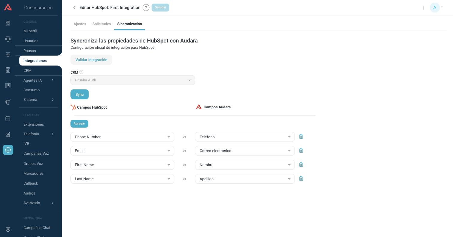 Pestaña de sincronización de una integración de HubSpot