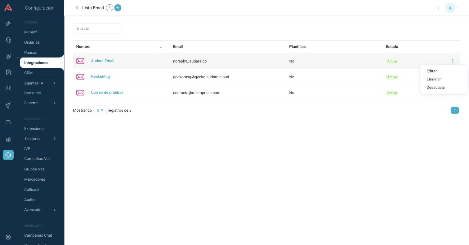 Lista de integraciones de correo con el menú de más opciones abierto