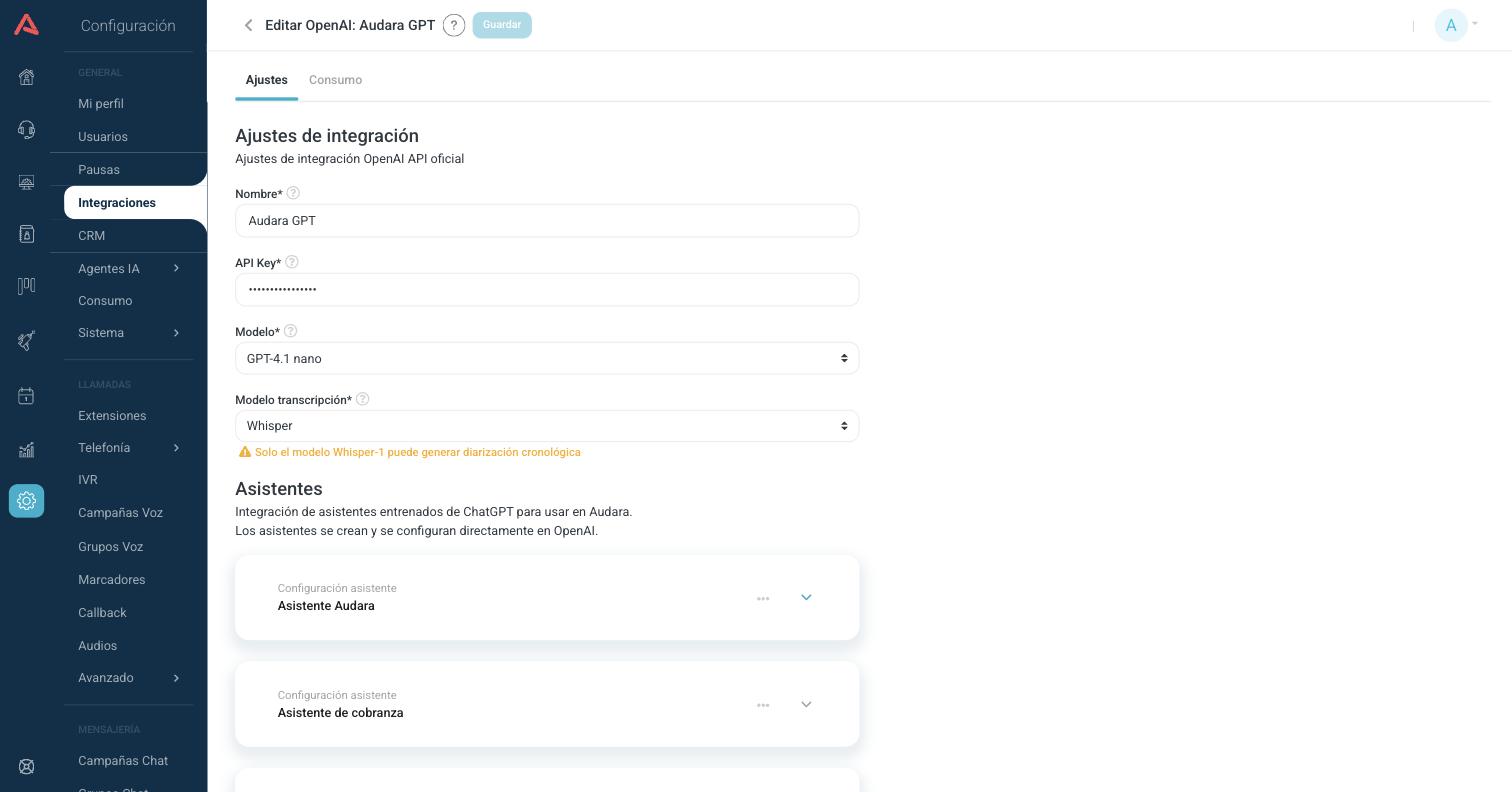 Formulario de ajustes de una integración de OpenAI