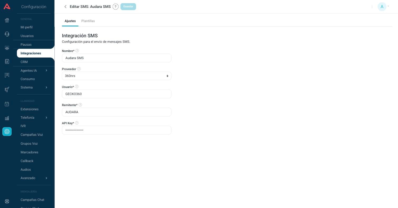 Formulario de ajustes de una integración de SMS