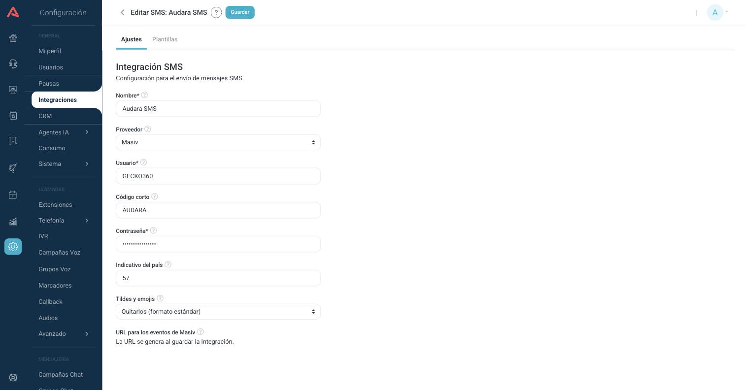 Formulario de ajustes de una integración de SMS con Masiv