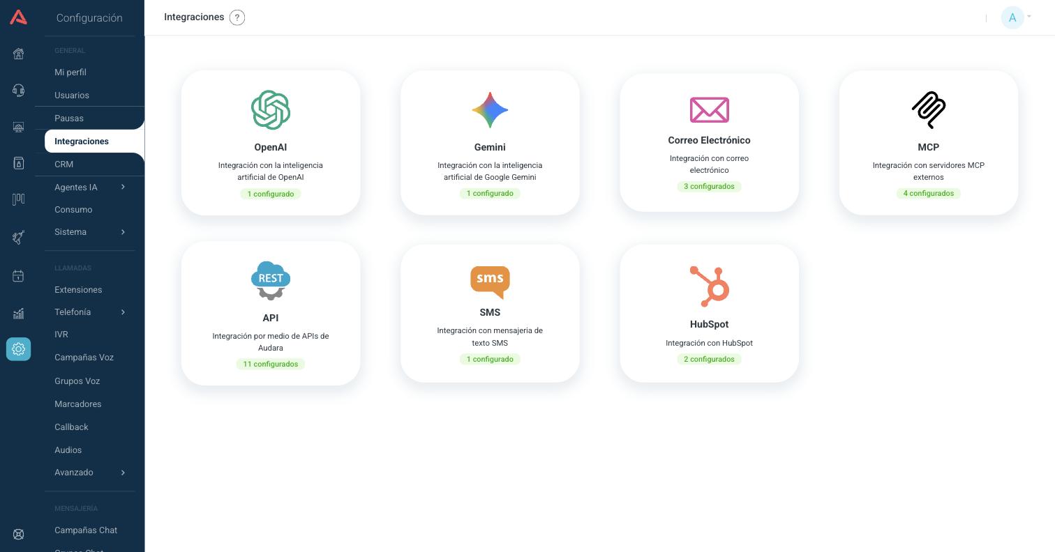 Tablero de integraciones de Audara