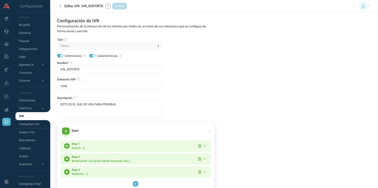 Editor de un IVR clásico con el tipo en gris, los dos interruptores y los campos de nombre, extensión y descripción