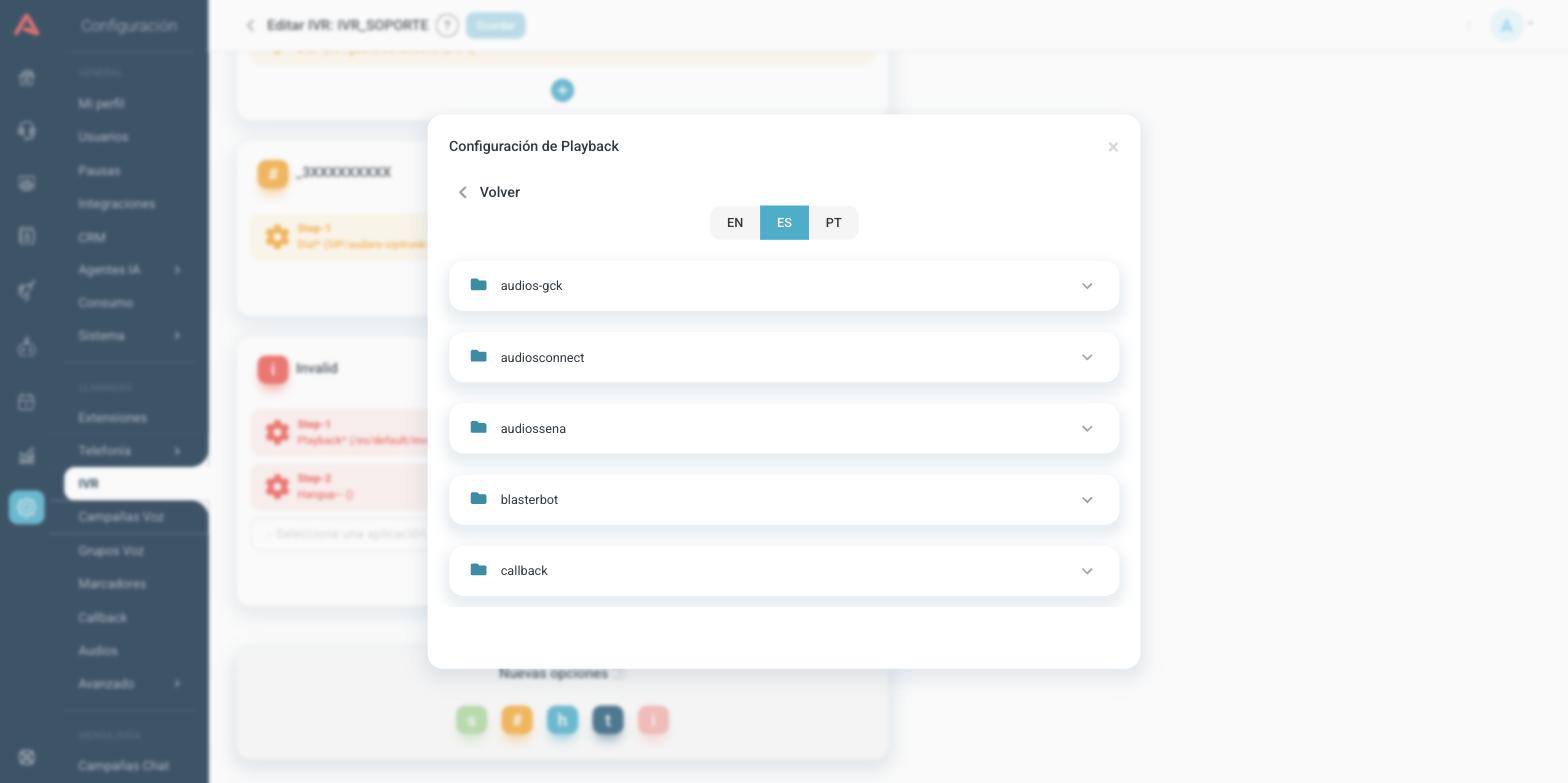 Selector de audio dentro del paso, con los idiomas EN, ES y PT y las carpetas del idioma