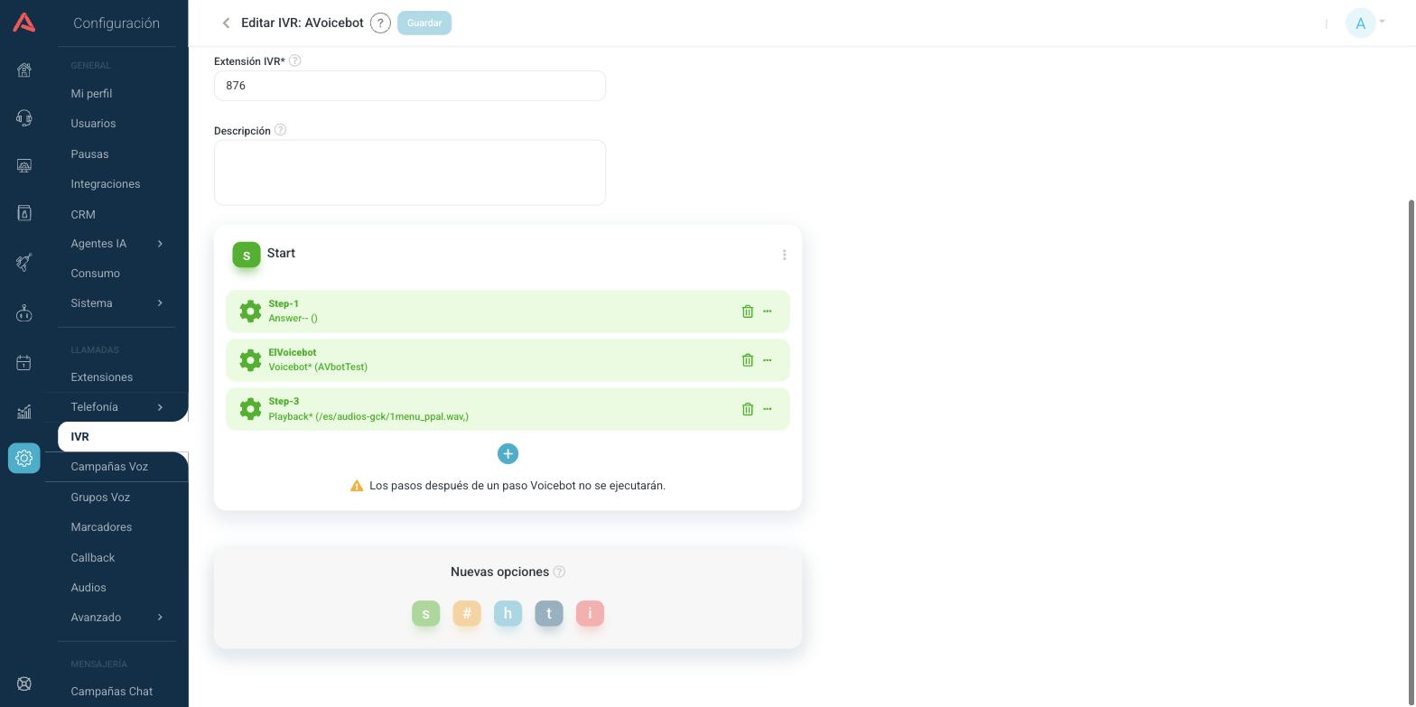 IVR de tipo voicebot con un paso Voicebot y el aviso de que los pasos siguientes no se ejecutarán