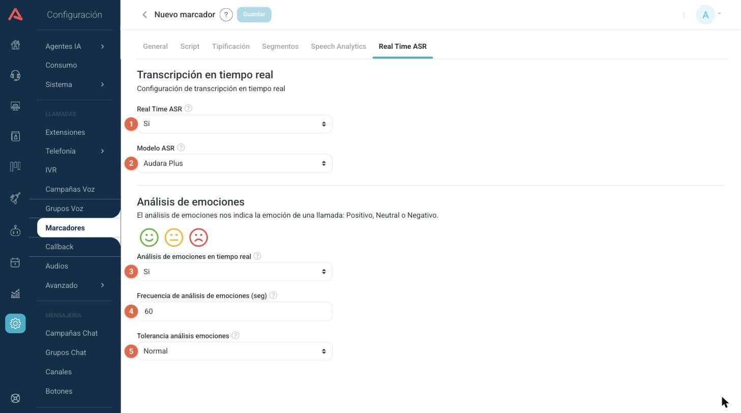 Configuración de transcripción en tiempo real y análisis de emociones en vivo