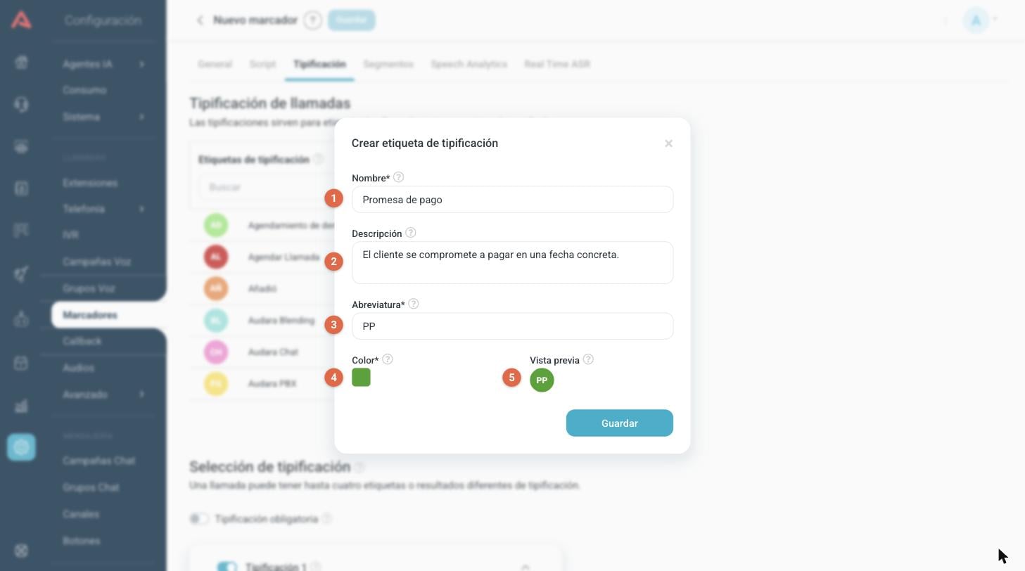 Ventana para crear una etiqueta de tipificación con nombre, descripción, abreviatura y color