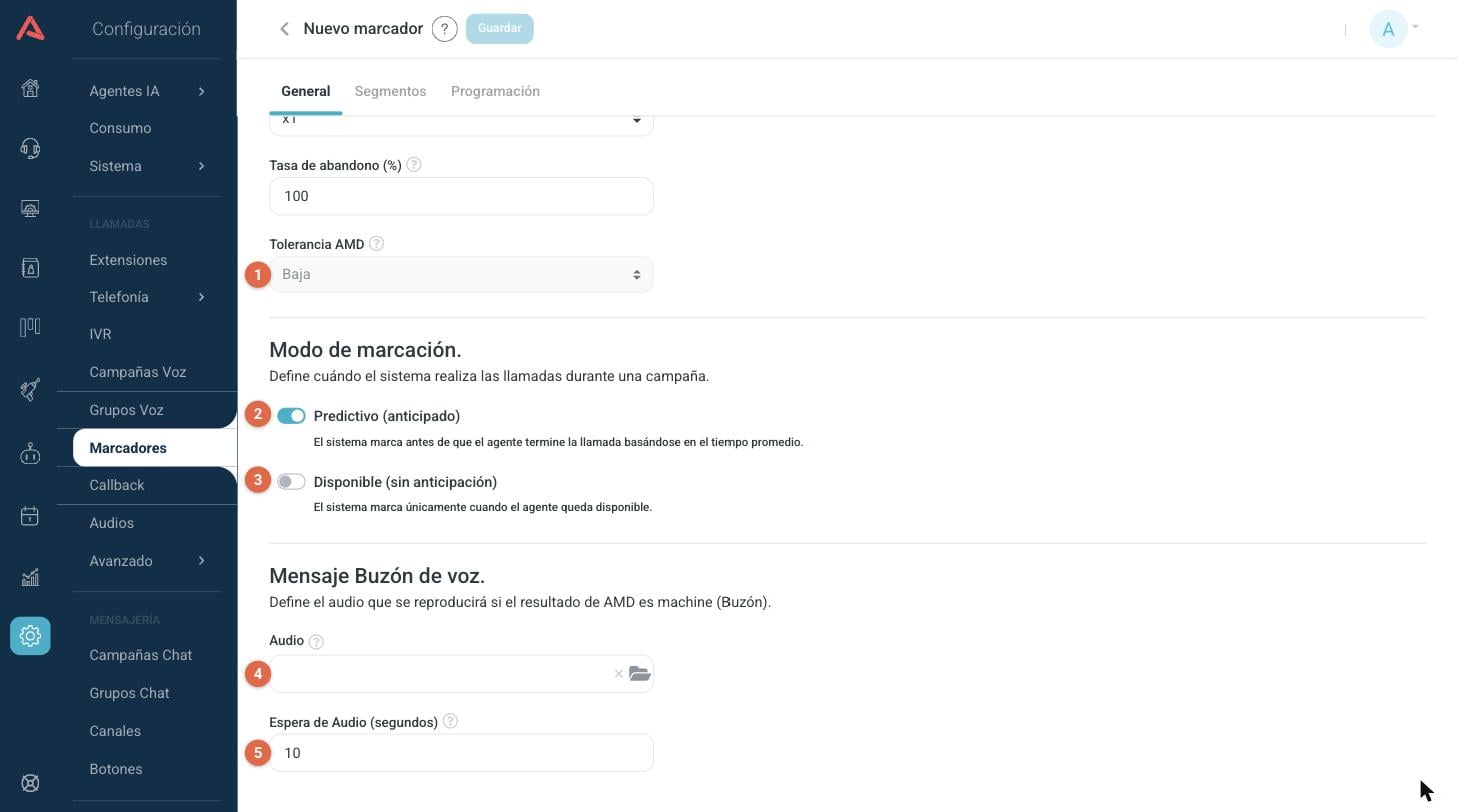 Modo de marcación y mensaje de buzón de voz de un marcador predictivo