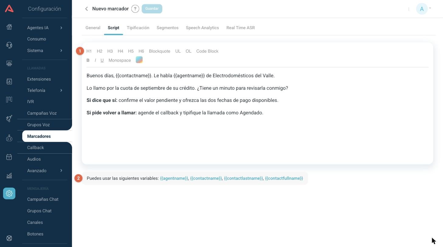 Editor del script del marcador con texto de ejemplo y variables