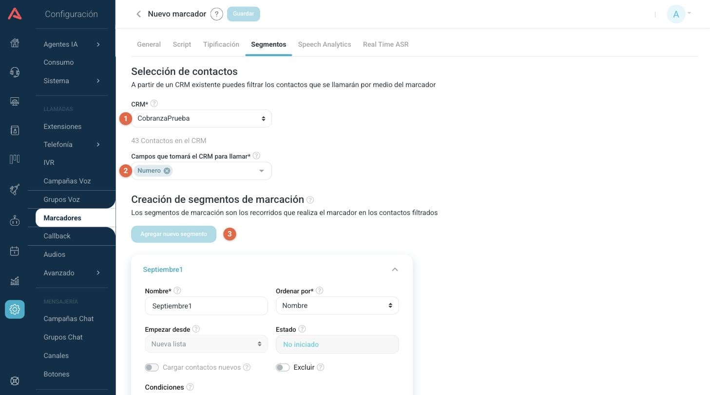 Selección de contactos con CRM, campos telefónicos y creación de segmentos