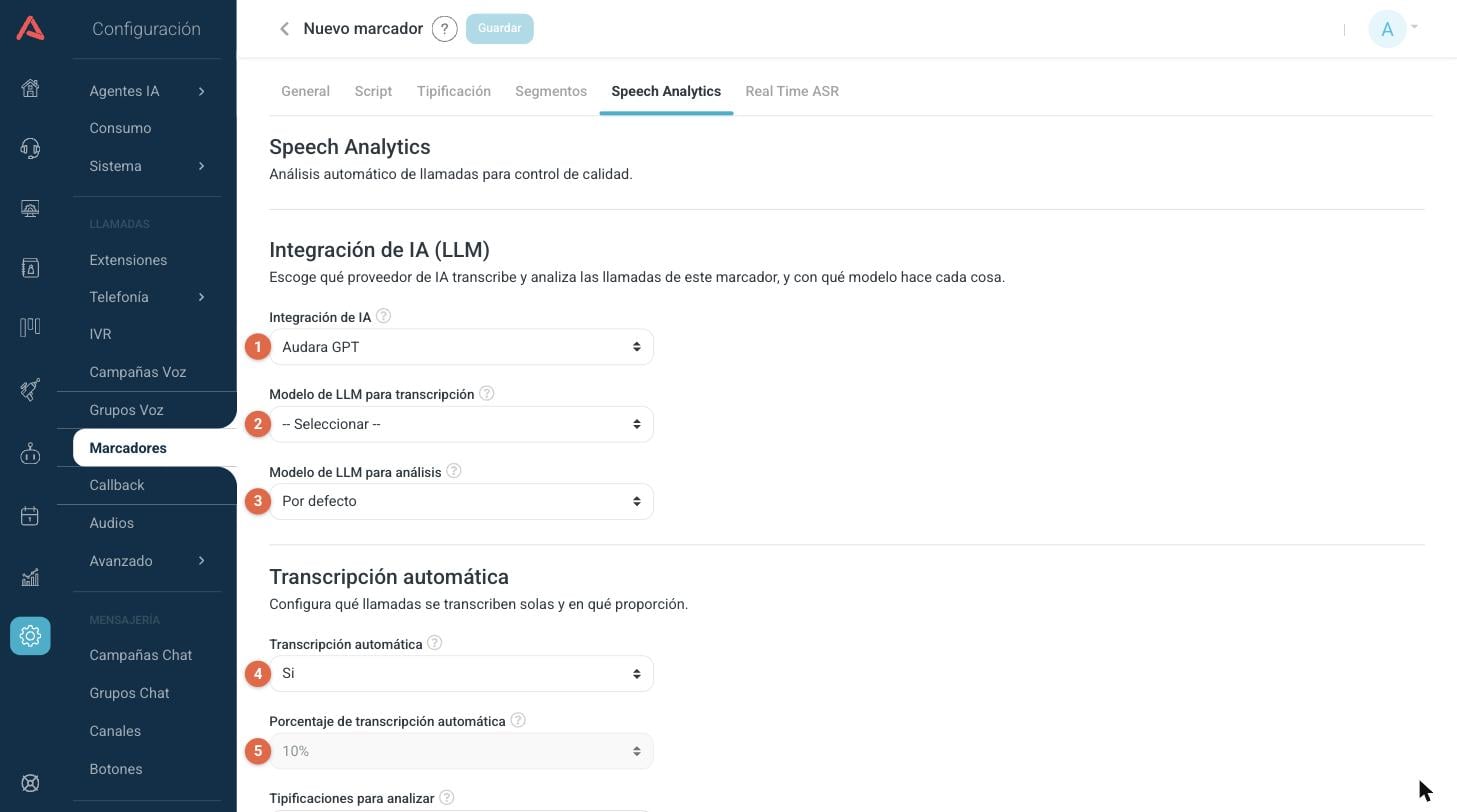 Integración de IA y transcripción automática en la pestaña de Speech Analytics