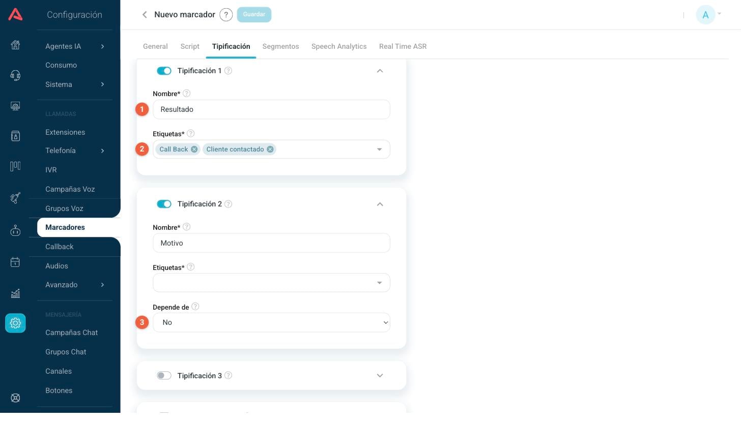 Tipificación 1 y 2 configuradas con su nombre, etiquetas y dependencia