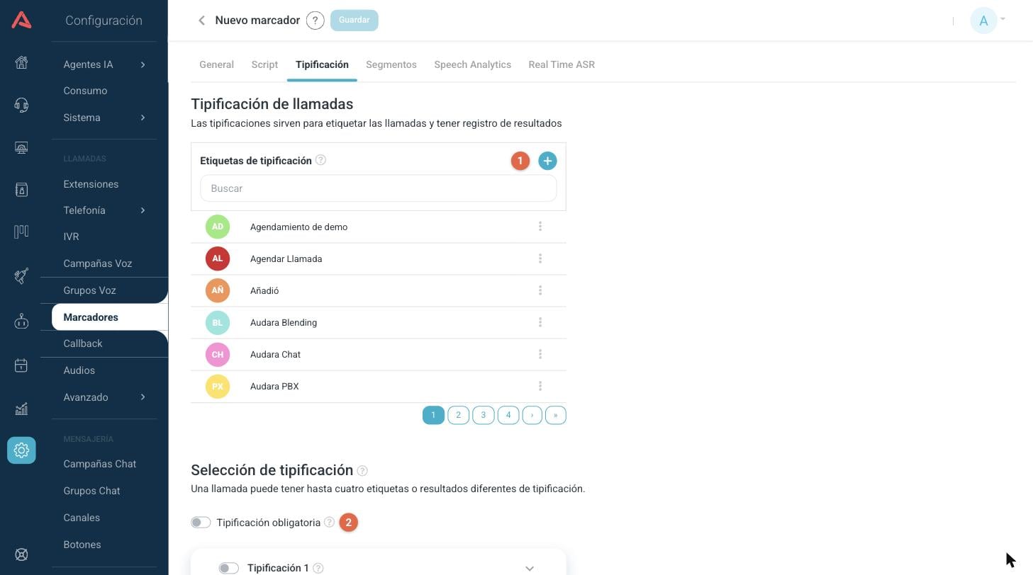 Pestaña de tipificación con la lista de etiquetas y el interruptor de tipificación obligatoria