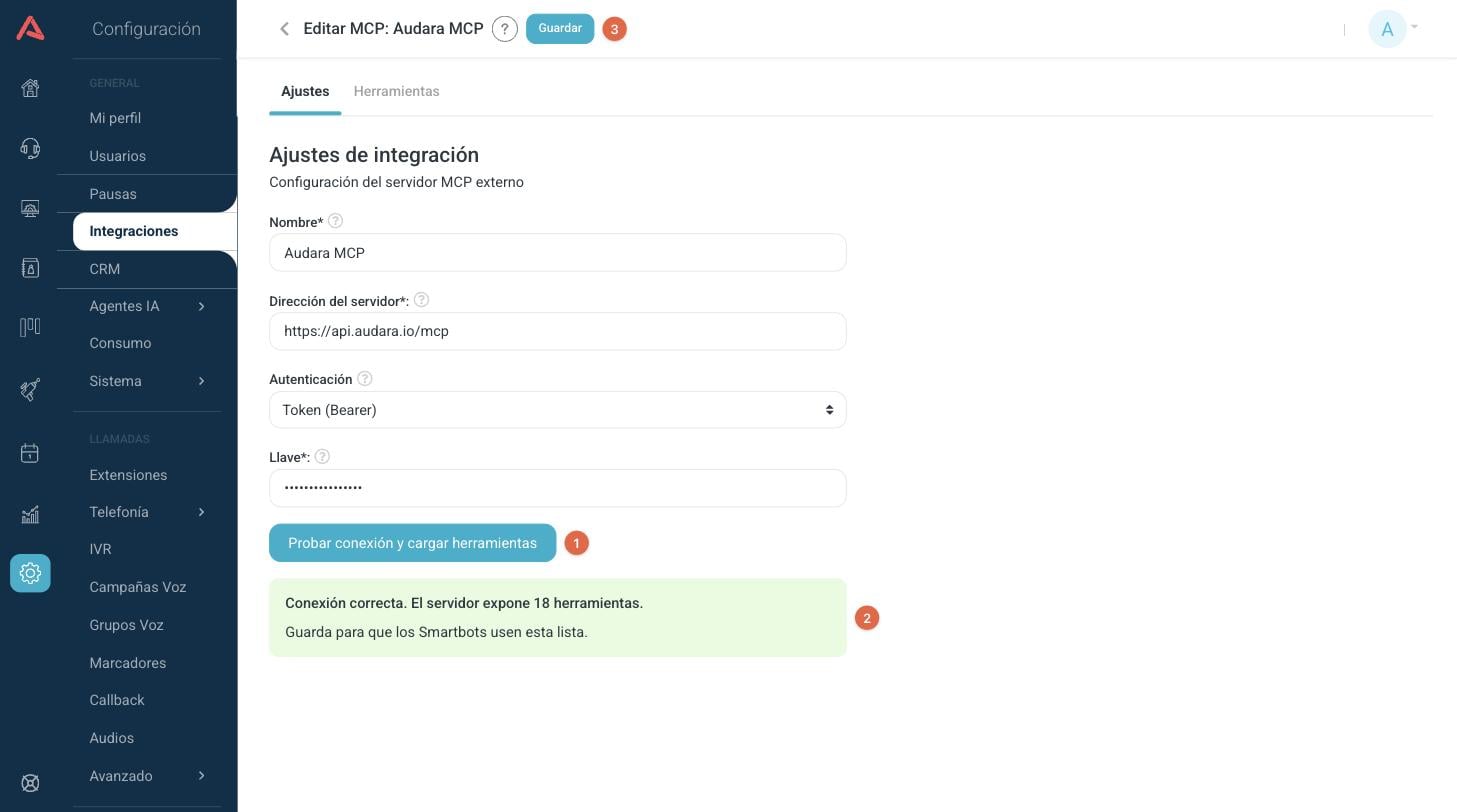 Resultado de probar la conexión con un servidor MCP
