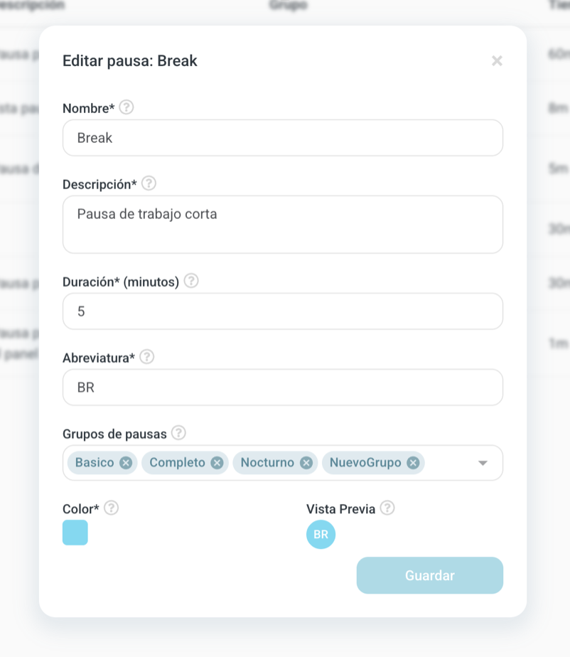 Formulario de edición de una pausa