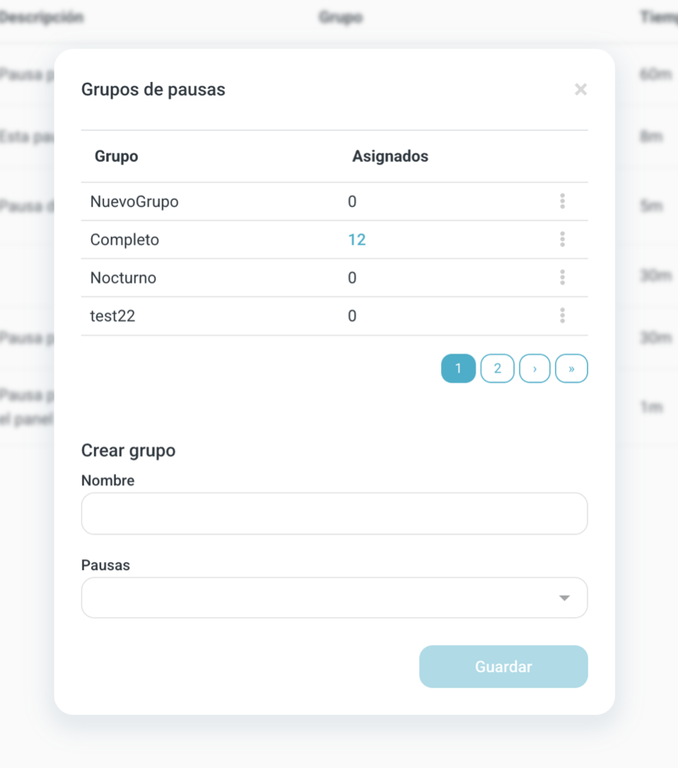 Ventana de grupos de pausas con el nombre del grupo y el selector de pausas