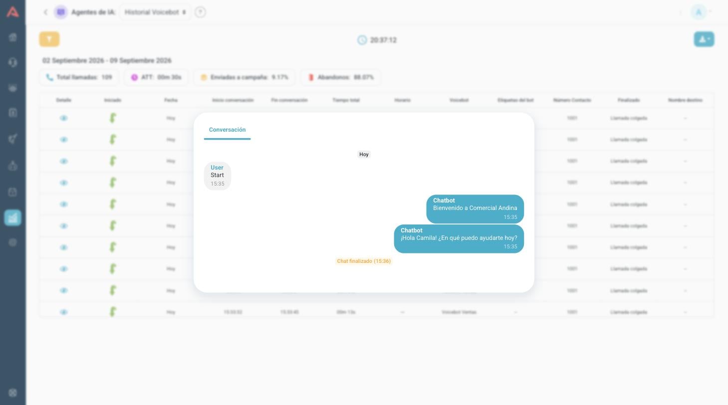 Detalle de una conversación, con los turnos del usuario y del bot en orden