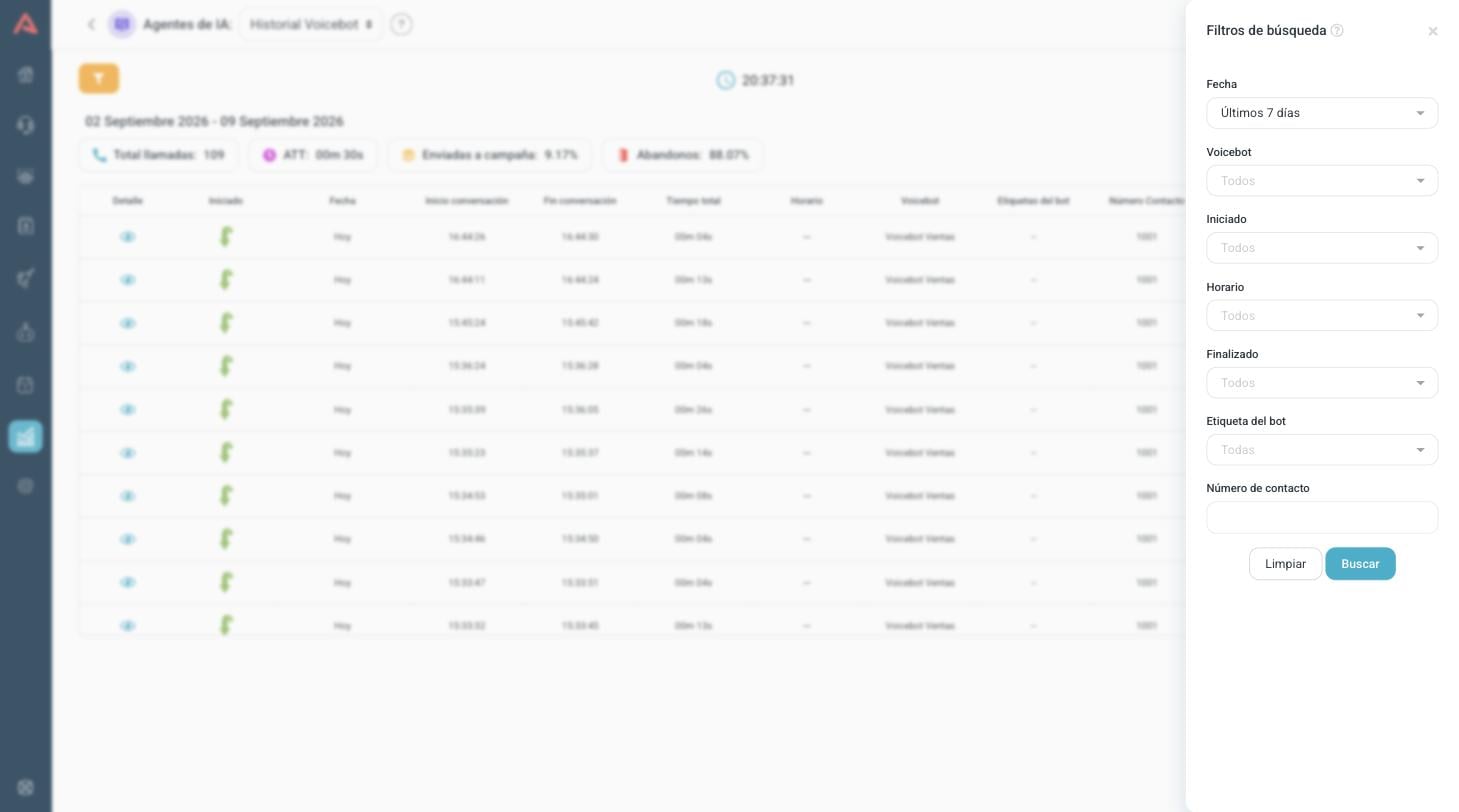 Panel de Filtros de búsqueda del Historial Voicebot, con sus siete criterios