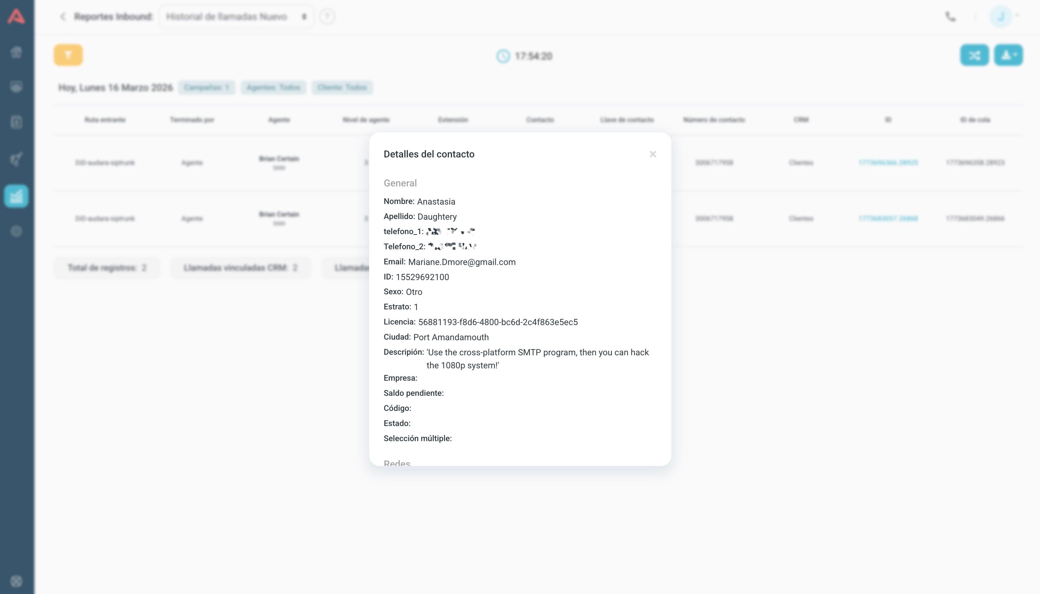 Ficha de un contacto del CRM abierta desde el reporte