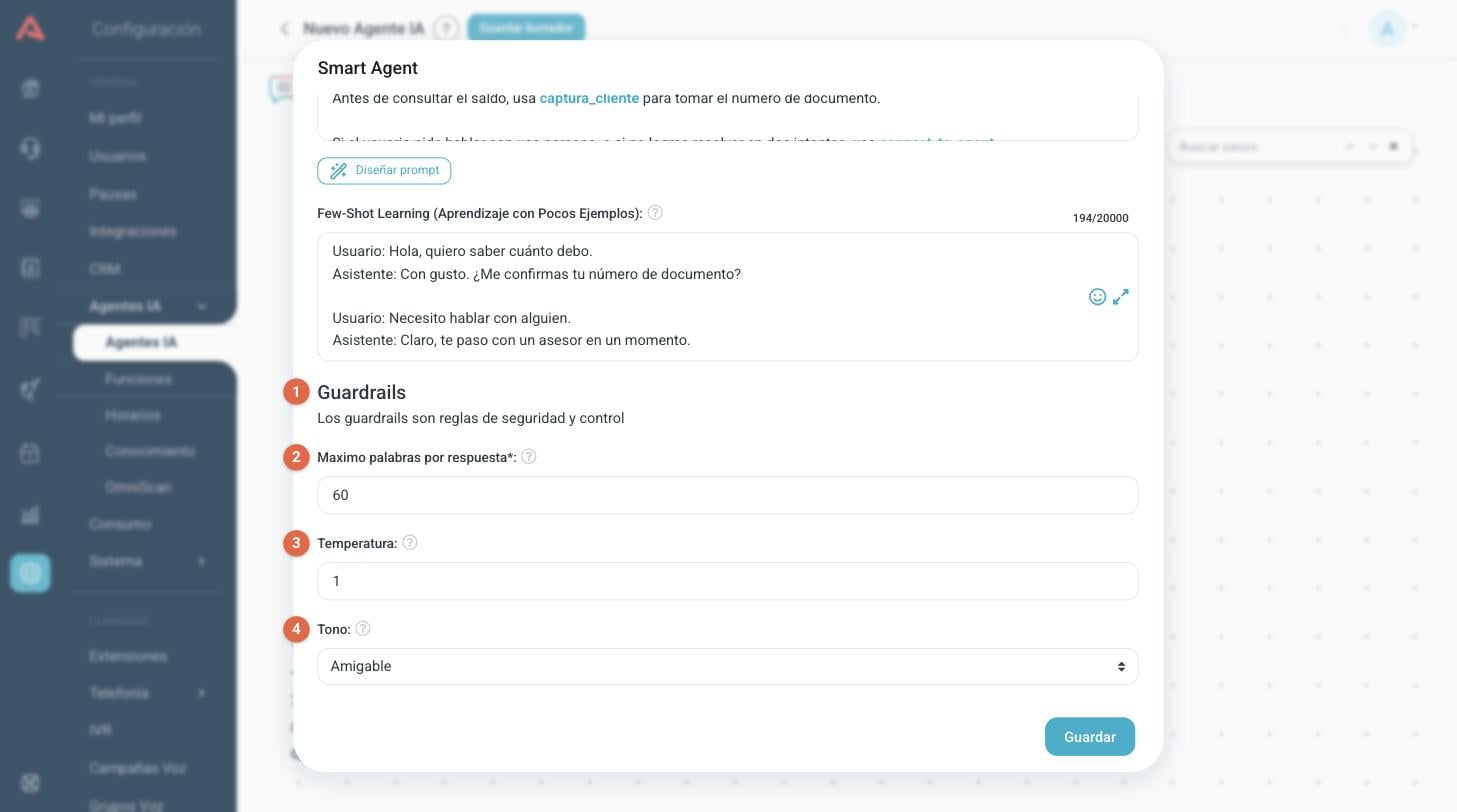 La sección Guardrails de un Smart Agent