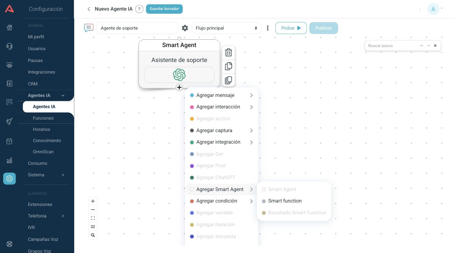 El menú de pasos abierto desde un Smart Agent
