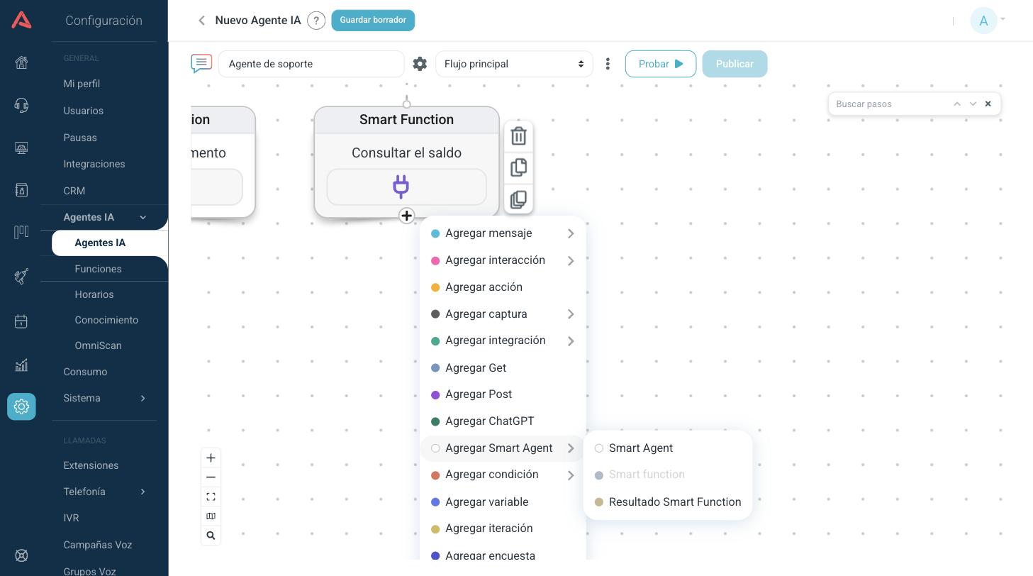 El menú de pasos abierto desde una Smart Function