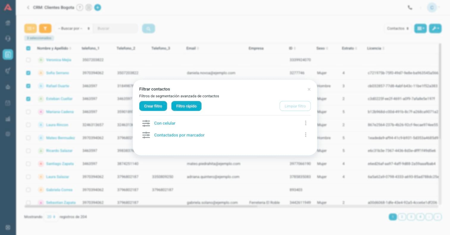 Ventana de filtros de contactos con dos filtros guardados