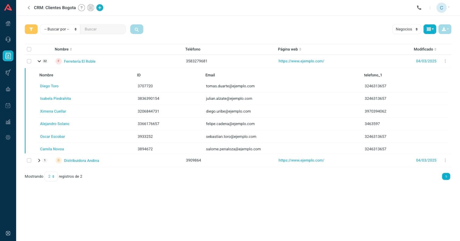 Lista de negocios con el panel de contactos abierto