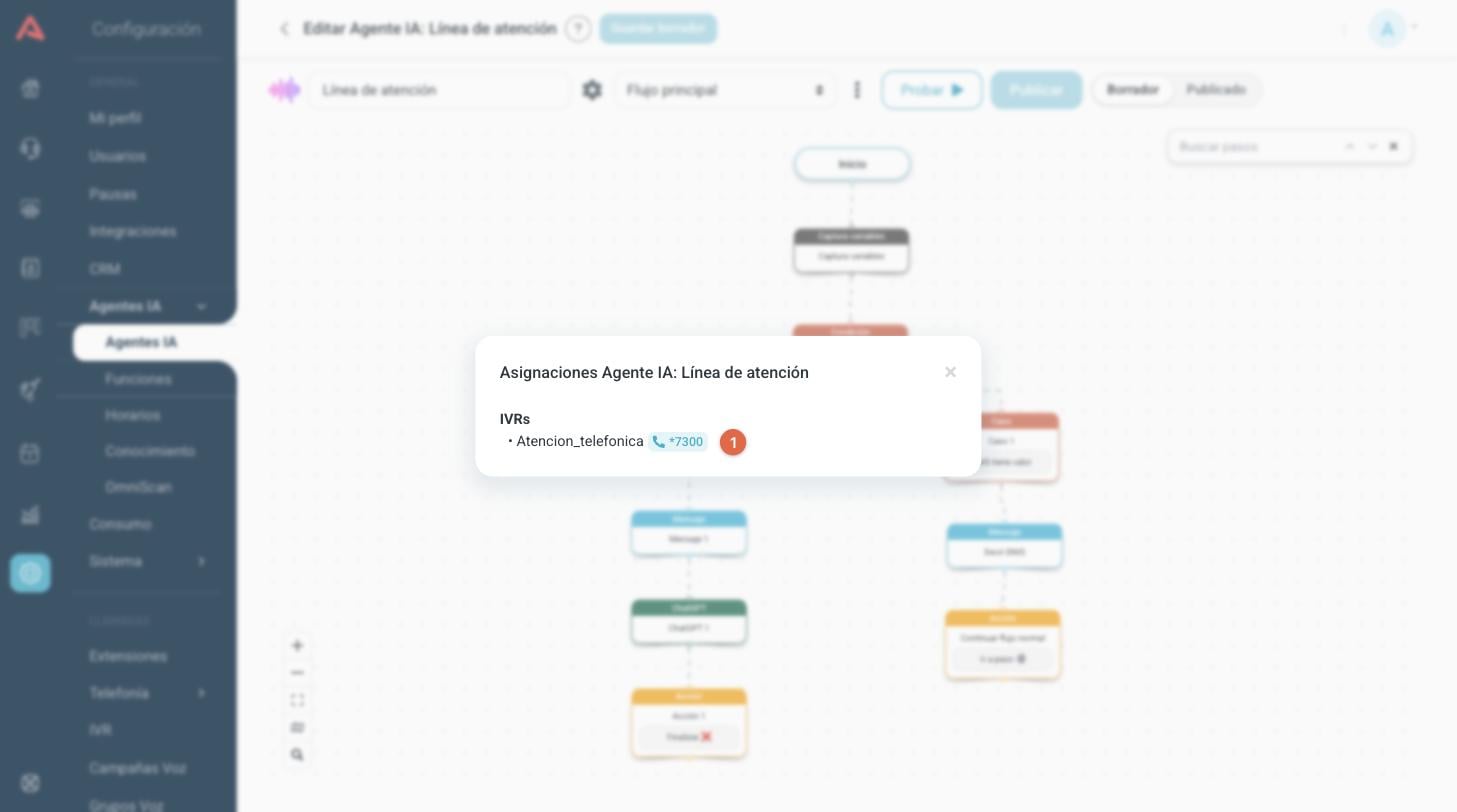 Ventana de asignaciones de un voicebot mostrando el IVR y su número