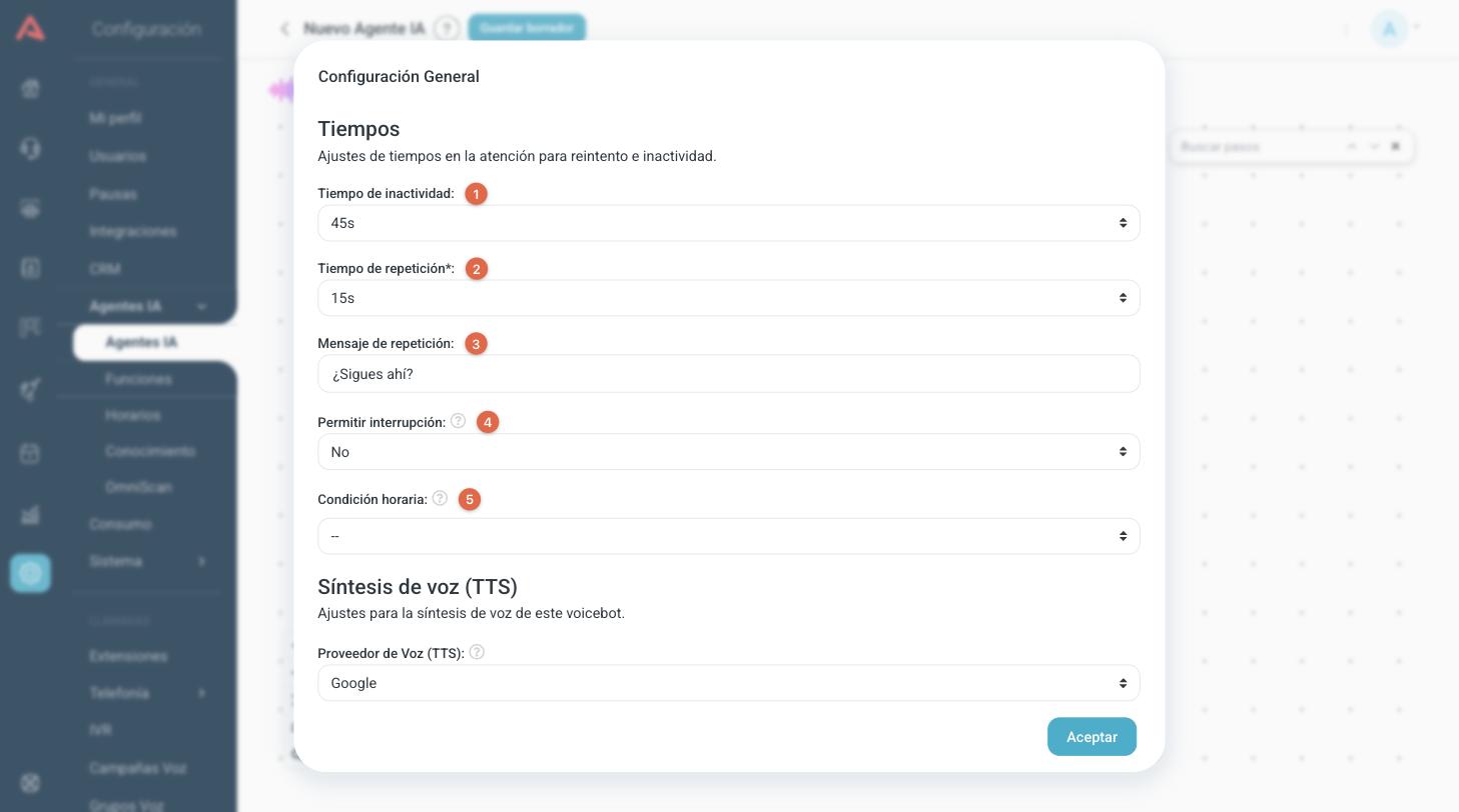 Bloque de Tiempos de la configuración general de un voicebot