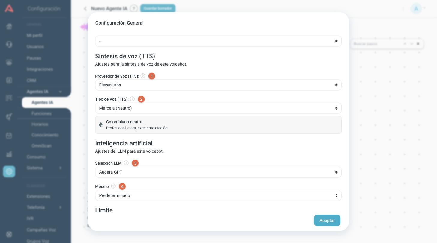 Bloques de Síntesis de voz e Inteligencia artificial de la configuración general