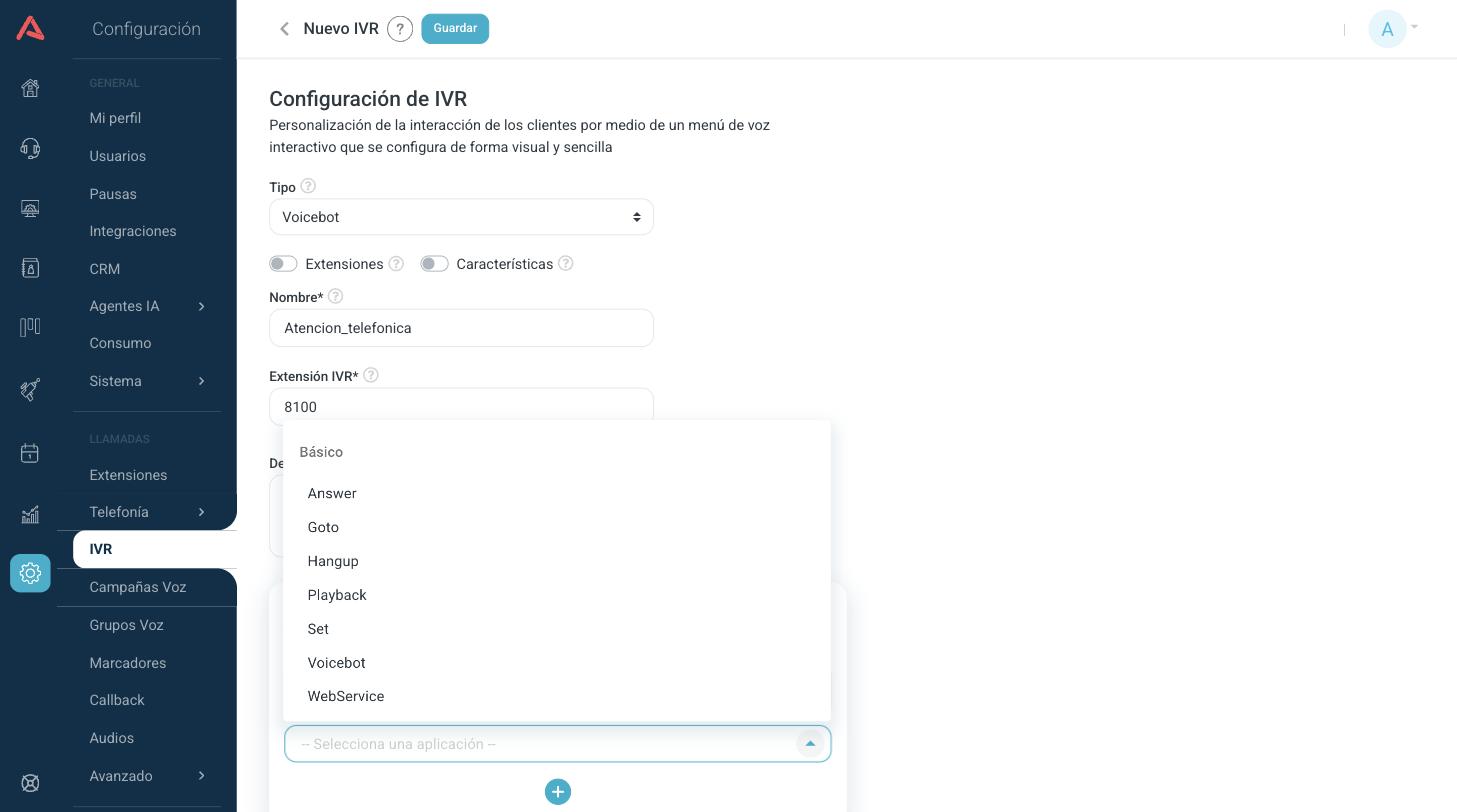 Lista de aplicaciones disponibles en un IVR de tipo Voicebot