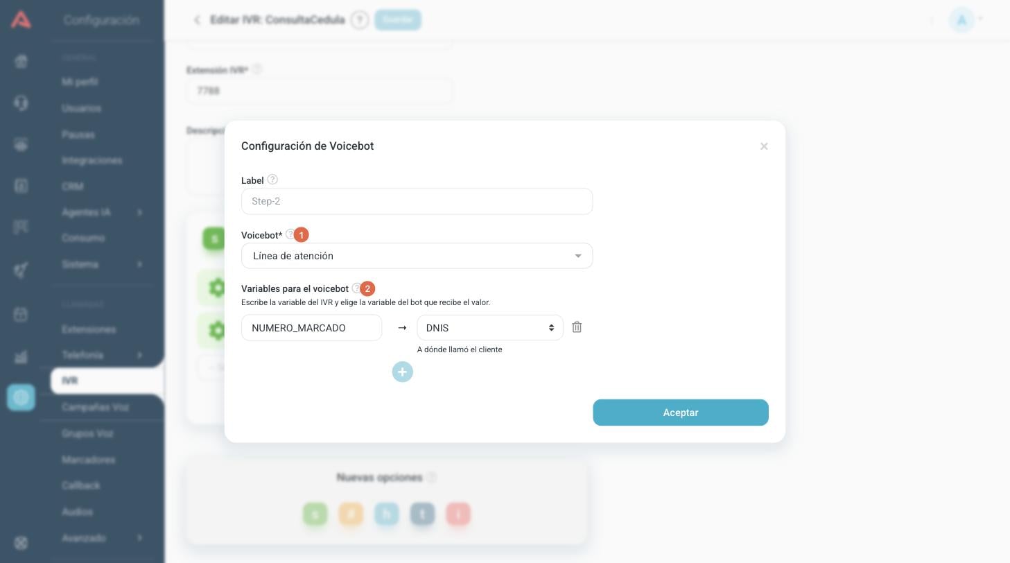 Ventana de configuración del paso Voicebot de un IVR, con una variable mapeada