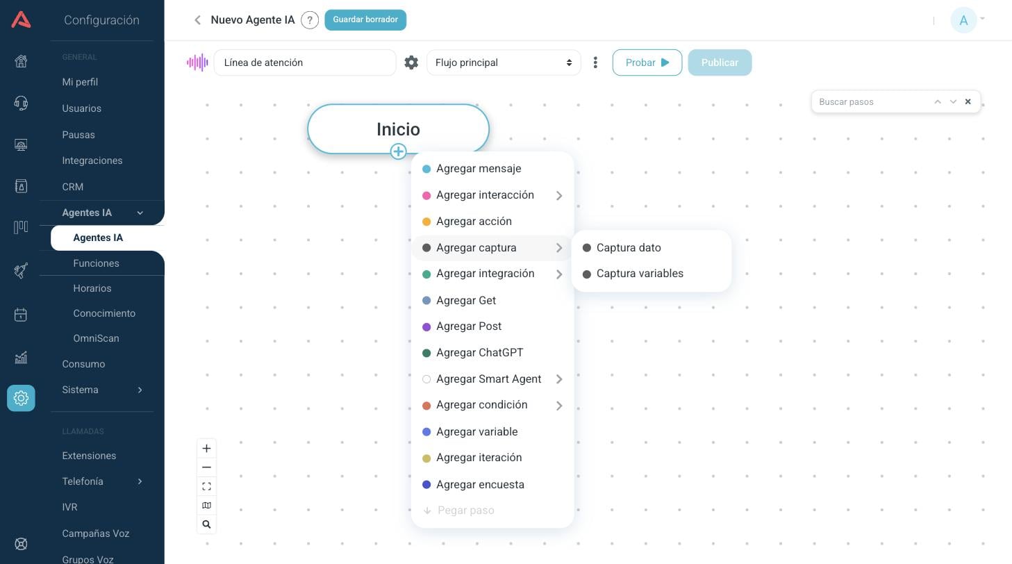 Submenú de captura con Captura dato y Captura variables