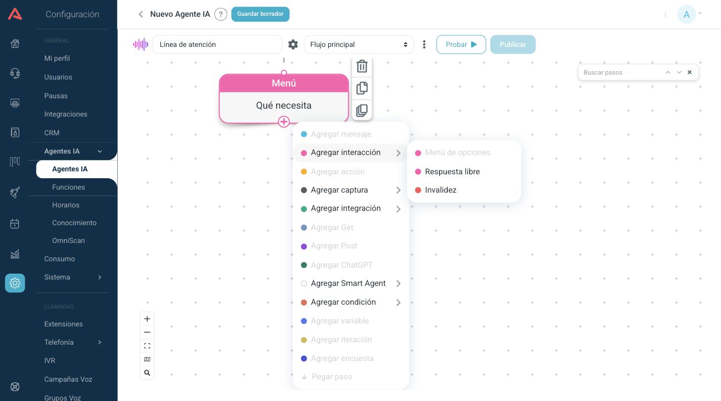 Submenú de interacción abierto desde un Menú, con Respuesta libre e Invalidez disponibles