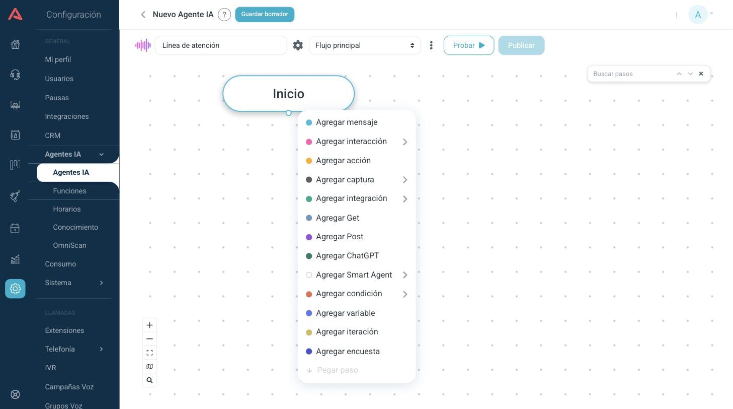 Menú de pasos de un voicebot desplegado desde el nodo Inicio