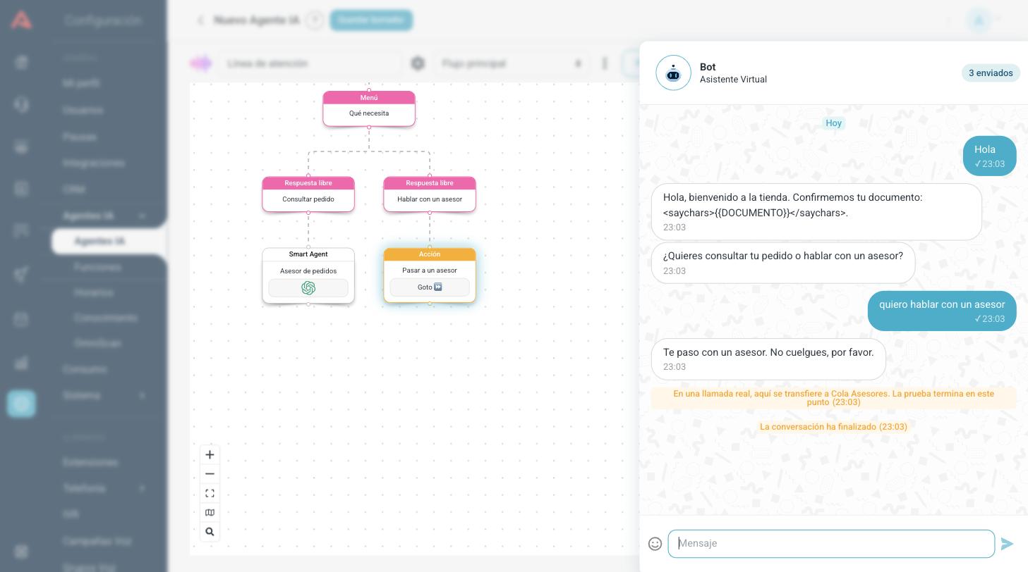 Panel de prueba de un voicebot mostrando la conversación y el aviso de transferencia