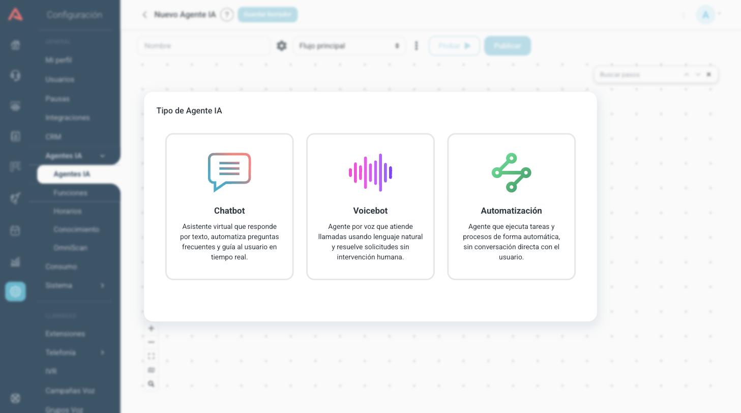 Ventana de selección de tipo de agente con las opciones Chatbot, Voicebot y Automatización