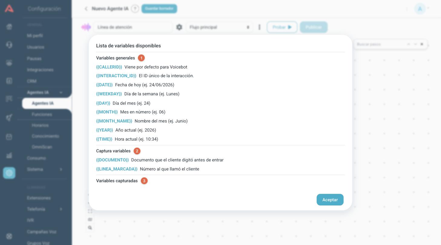 Lista de variables disponibles de un voicebot