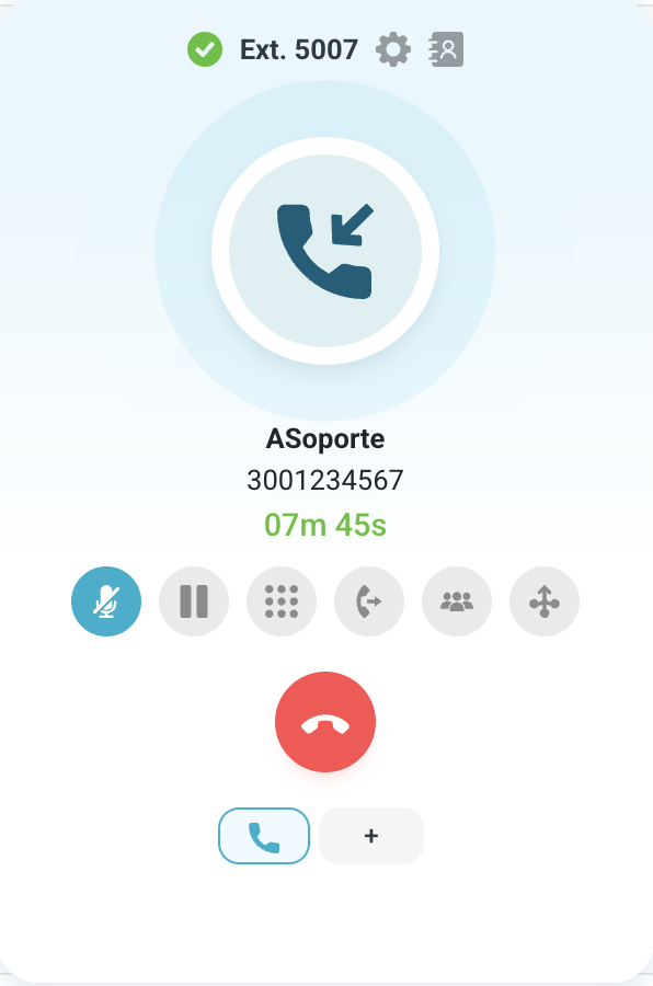 Webphone durante una llamada con sus botones de control