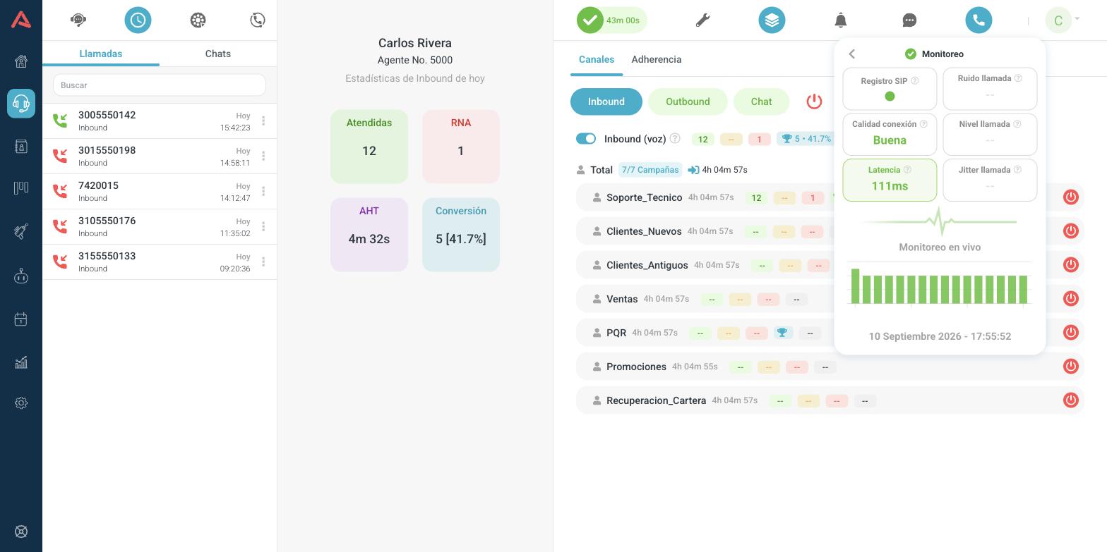 Vista de monitoreo del webphone con los indicadores de conexión