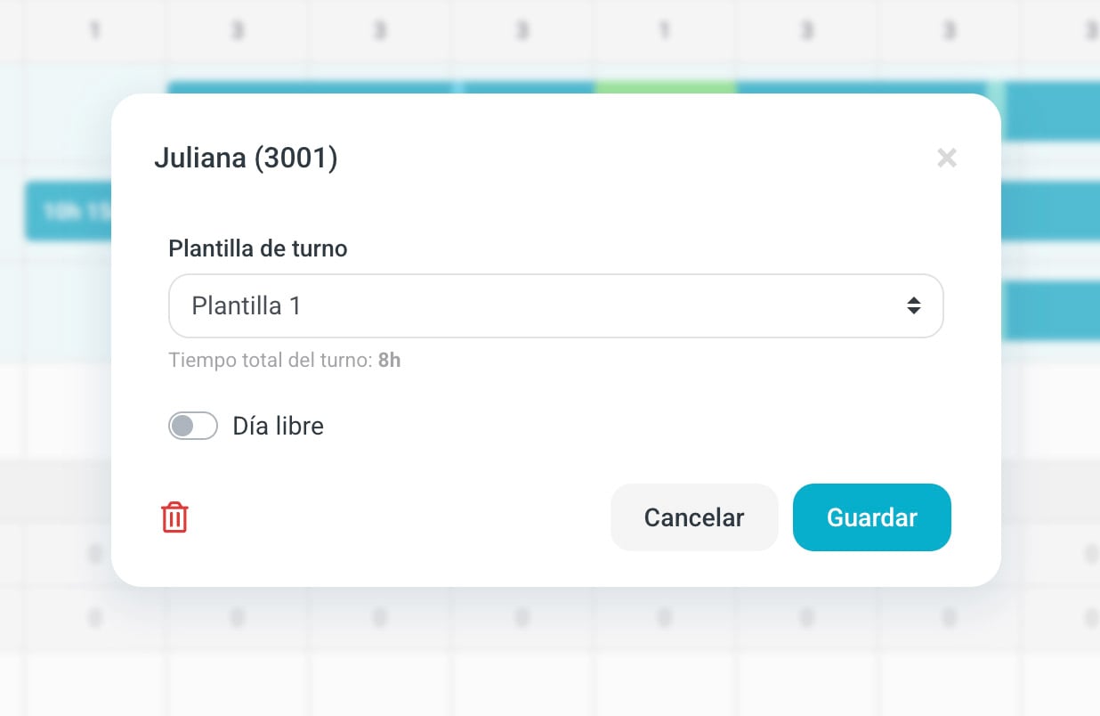 Ventana de asignación de turno con el selector de plantilla y la opción de día libre
